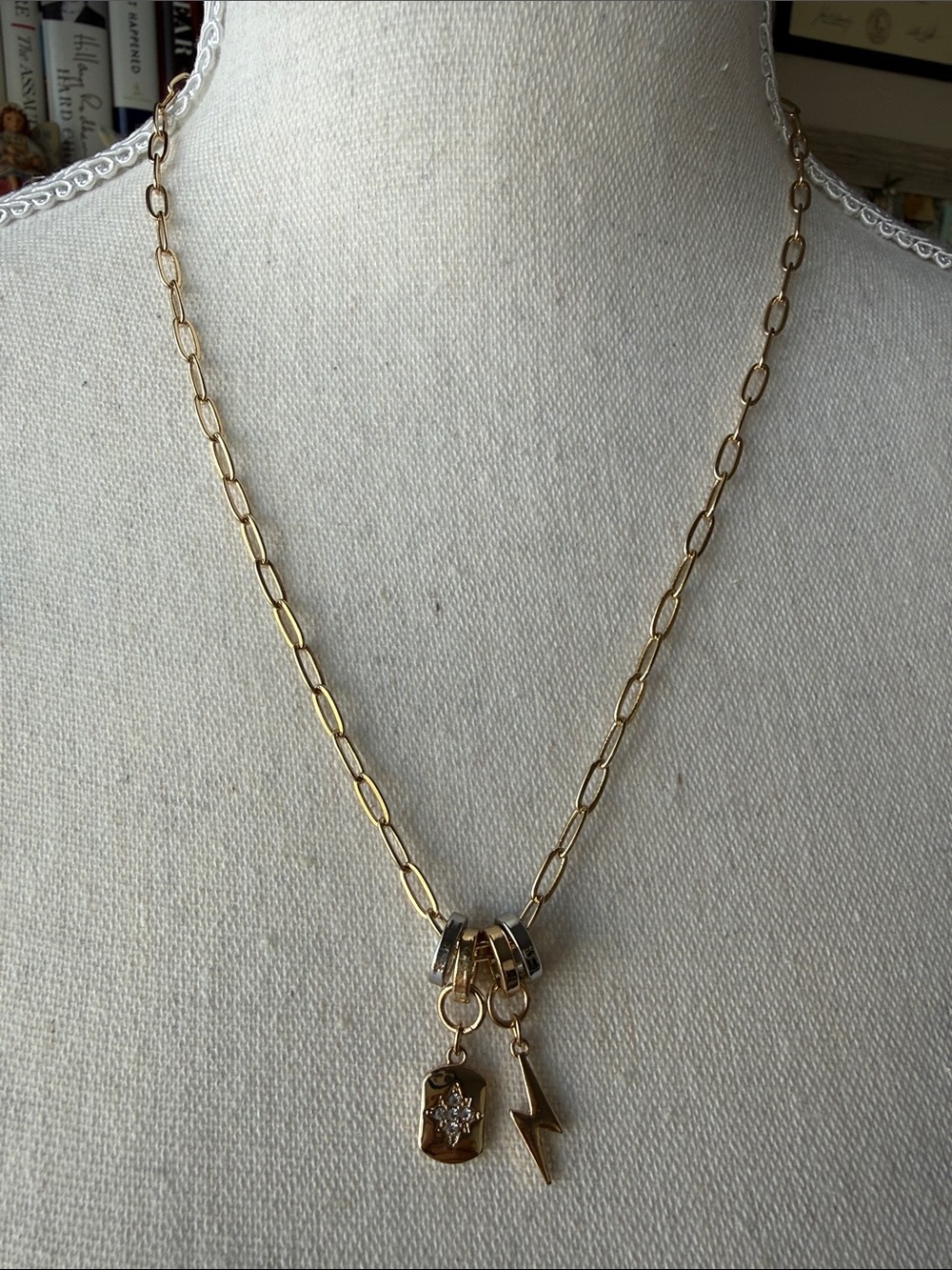 Gold Tone Lightning & Star Charm Pendant Necklace - Adjustable Chain